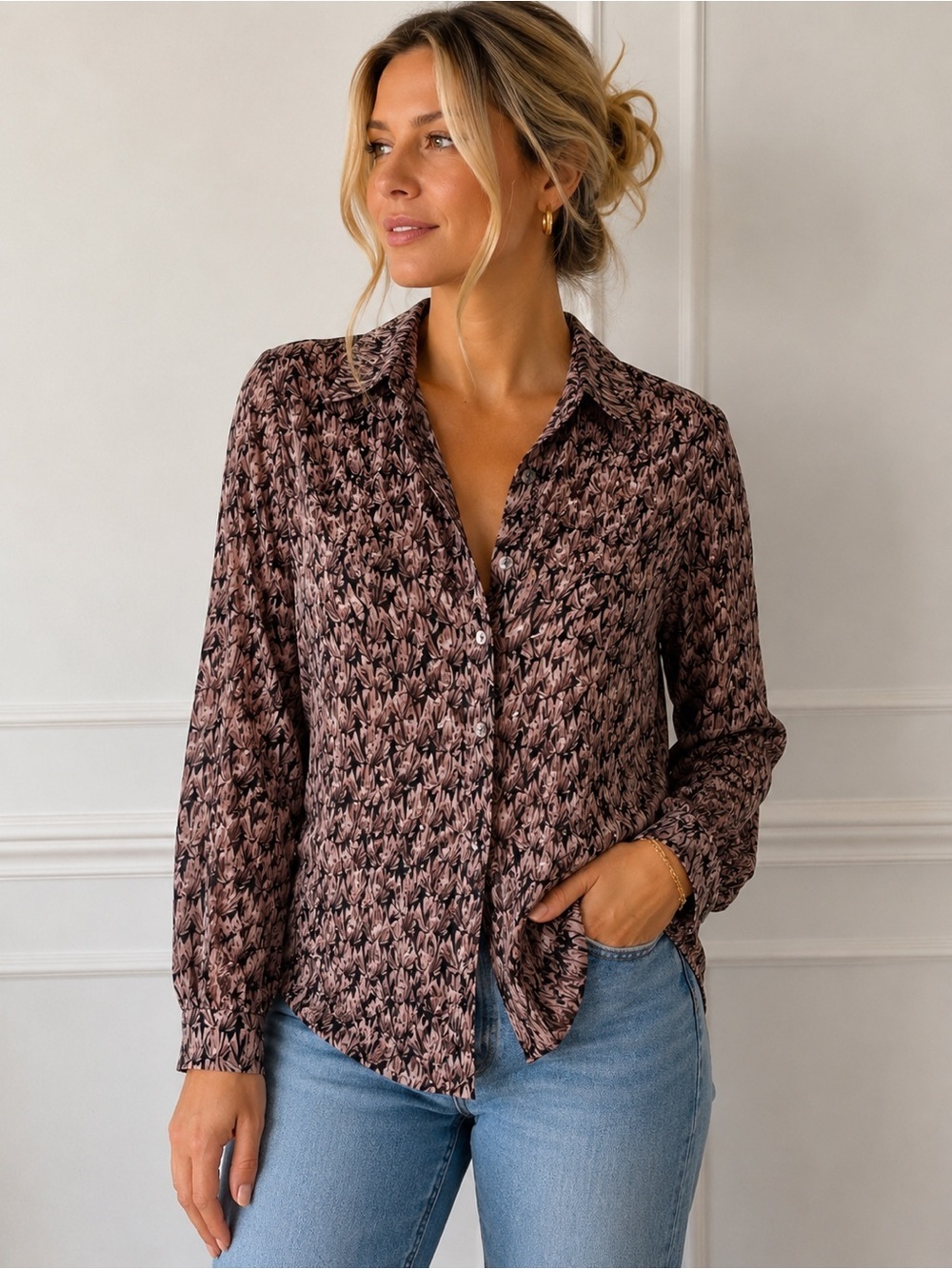 MASSIMO DUTTI Geometric Print V-Neck Blouse Top Small